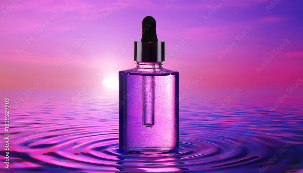 Moisturizing serum for the skin stand in the pink-purple water background. 3D render. Copy space. Moisturizing serum for the skin stand in the pink-purple water background. 3D render. Copy space.