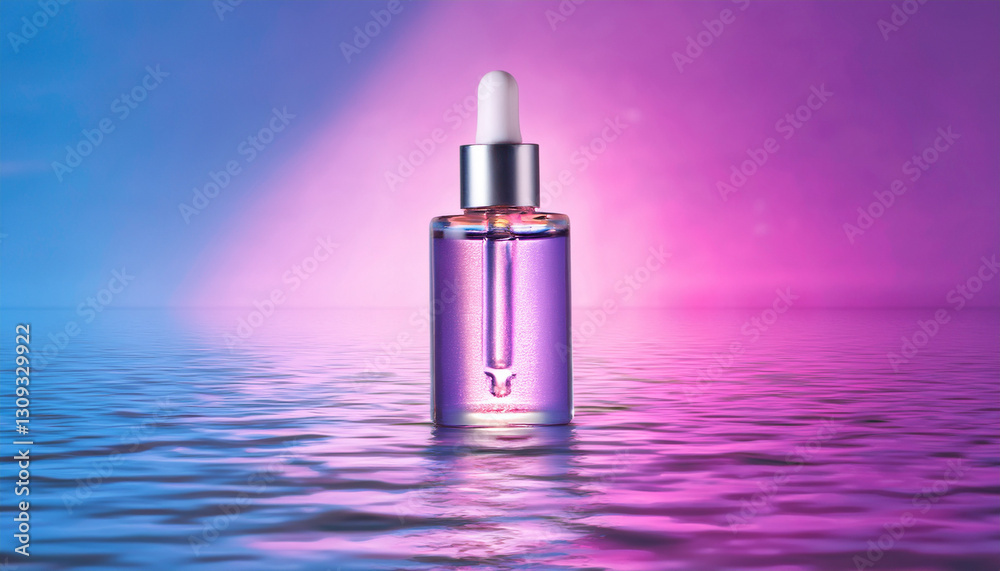 Moisturizing serum for the skin stand in the pink-purple water background. 3D render. Copy space.