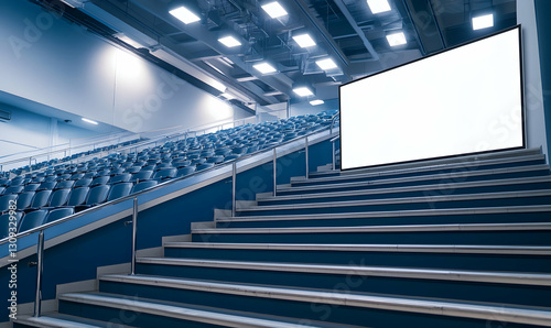 A blank advertising panel mockup set along the stairs of a sports stadium seating area.