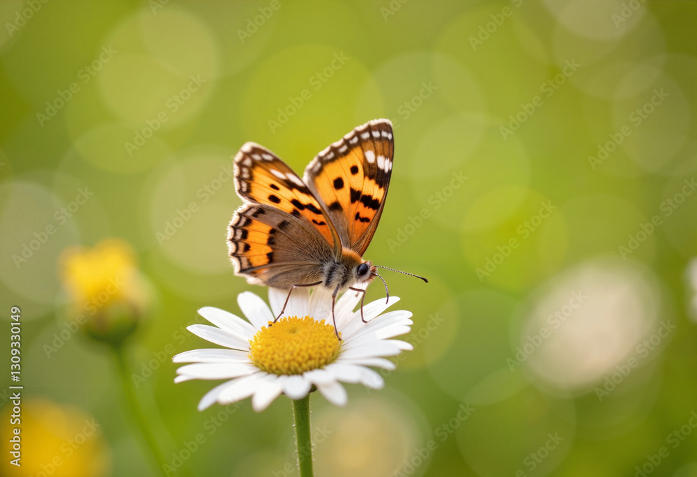 Lone butterfly with bright orange and black wings gently feeding on daisy Lone butterfly with bright orange and black wings gently feeding on daisy