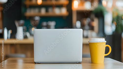 Laptop and Coffee Cup on a Wooden Table in a Cafe Interior with Blurred Background