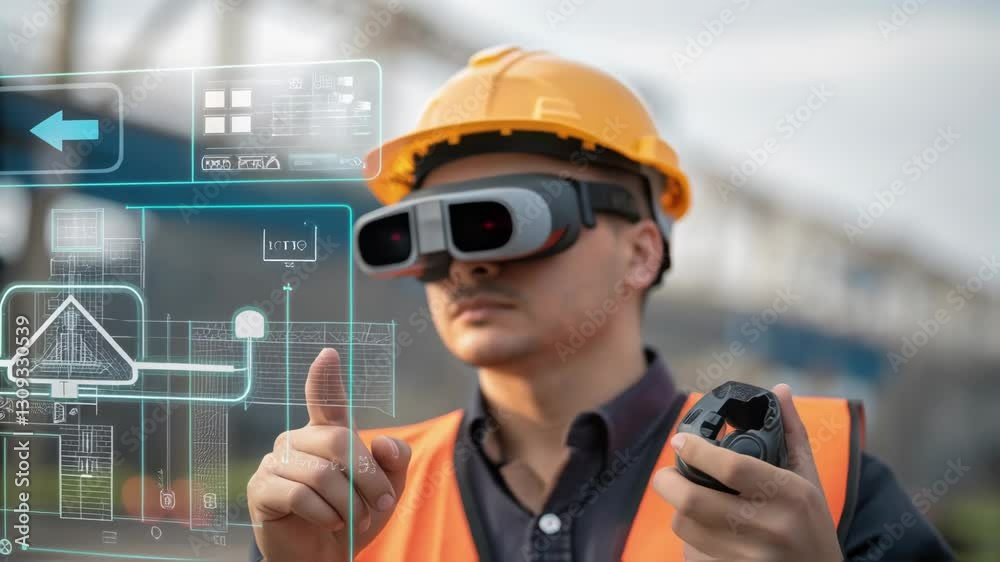 Professional engineer wearing high tech augmented reality glasses, controlling advanced robotic arm using precise joystick and intuitive hand gestures within modern industrial shipyard environment Professional engineer wearing high tech augmented reality glasses, controlling advanced robotic arm using precise joystick and intuitive hand gestures within modern industrial shipyard environment
