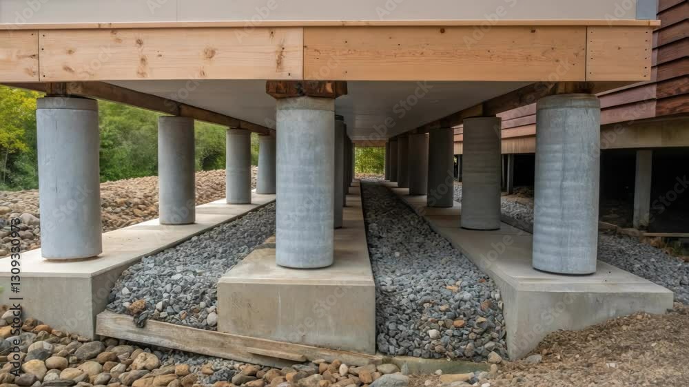 Construction progress is visible on a house foundation, revealing concrete piers meticulously arranged to support the wooden framework of the structure Construction progress is visible on a house foundation, revealing concrete piers meticulously arranged to support the wooden framework of the structure