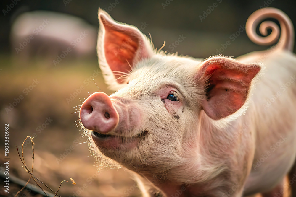 A Happy Piglet with a Playful Expression in a Farm Setting A Happy Piglet with a Playful Expression in a Farm Setting
