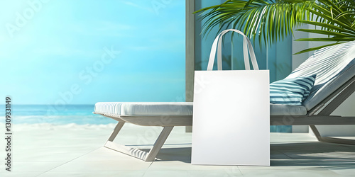 A fully blank beach tote bag mockup placed next to a lounge chair on a bright summer day.