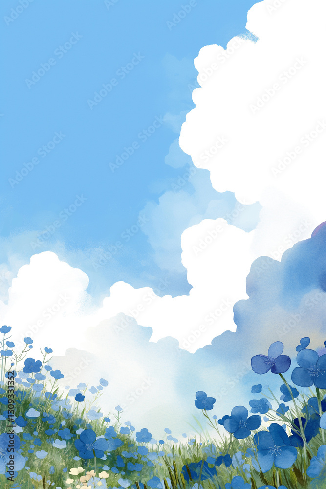 Fototapeta premium 青一色に染まる美しい丘と入道雲 初夏の爽快な風景