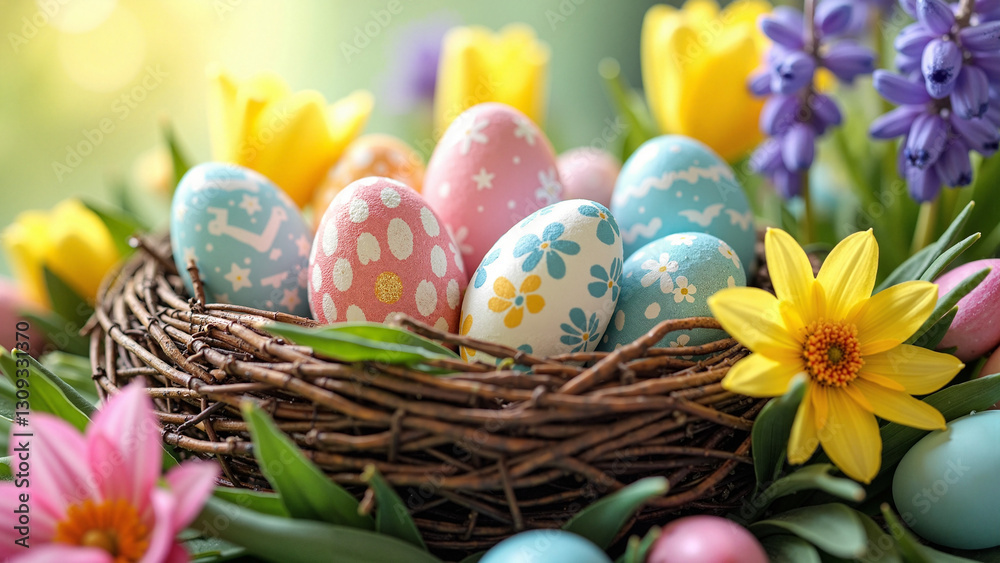 Spring Nest with Easter Eggs and Flowers: Perfect for Holiday Greeting Cards, Seasonal Marketing, and Festive Promotions Spring Nest with Easter Eggs and Flowers: Perfect for Holiday Greeting Cards, Seasonal Marketing, and Festive Promotions