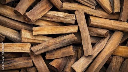 Dark-brown wood chips with a rugged texture, artfully piled and interwoven, exude warmth and natural elegance.  photo