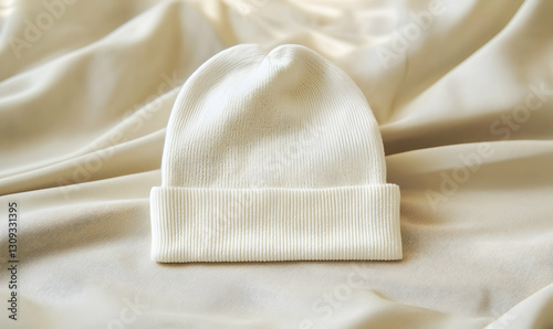 A blank beanie mockup displayed flat on a cream fabric surface with no visible elements.