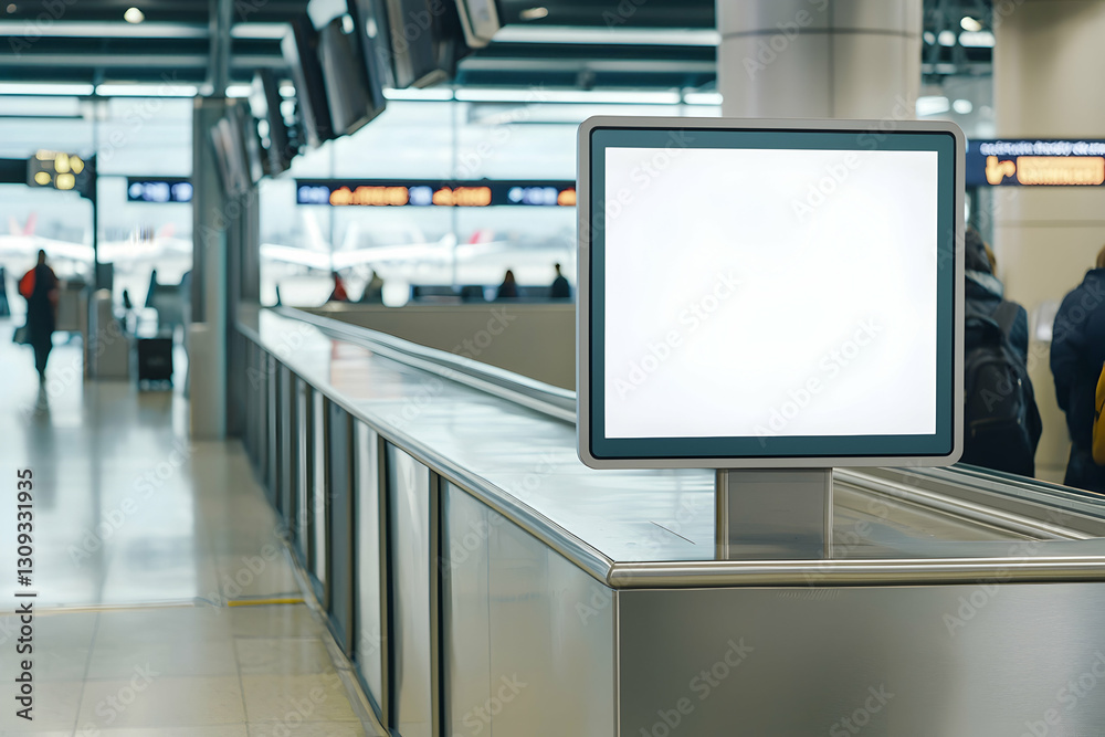 Fototapeta premium A blank advertising screen mockup on a sleek information kiosk at an airport departure gate.