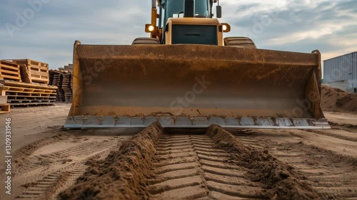 Heavy machinery operating on a construction site, pushing sand with its front blade, creating a path through the terrain, showcasing the process of land preparation