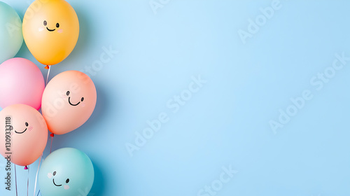 Colorful pastel balloons with cute smiley faces floating against a light blue background. Perfect for birthday invitations, party decorations, and playful branding. Selective focus