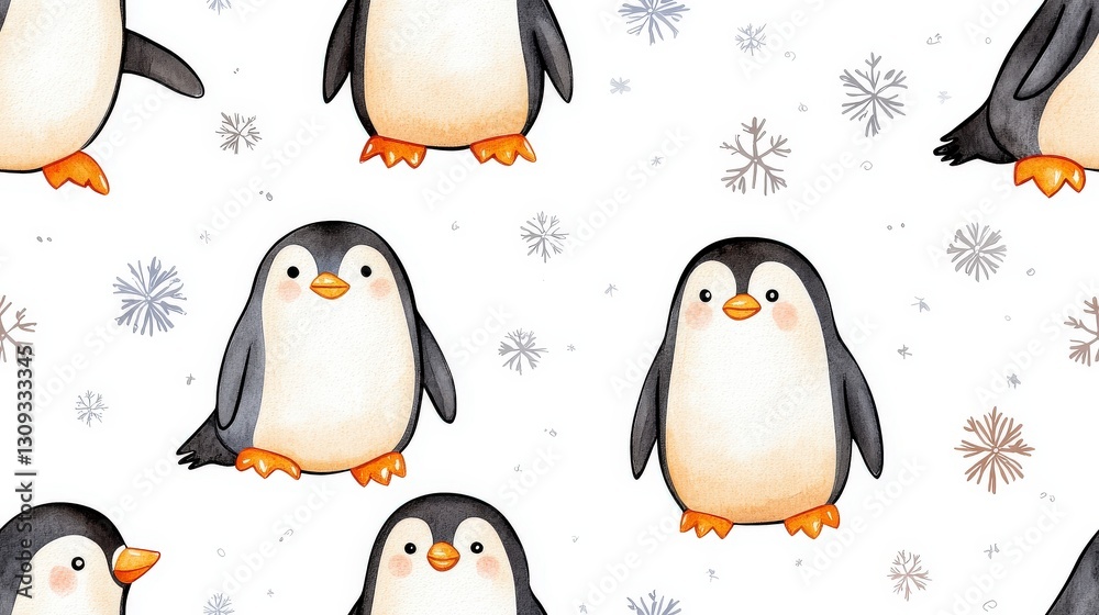 Obraz premium Cute and Colorful Penguin Pattern with Snowflakes on a White Background for Fun and Playful Design Projects