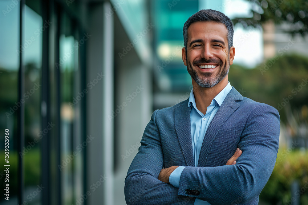 Fototapeta premium Young smiling businessman posing confidently, dressed in modern executive clothes, on a technological city background with an illuminated office building.