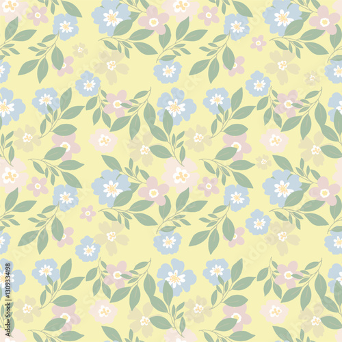 Colorful sweet blossom and leaves for summer background, seamless pattern.