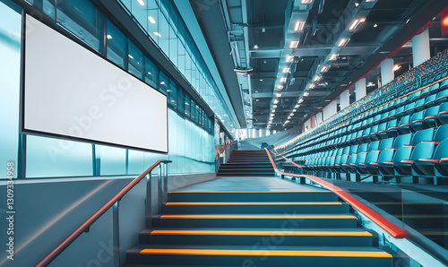 A blank advertising panel mockup positioned along the stairs in the seating area of a sports stadium.
