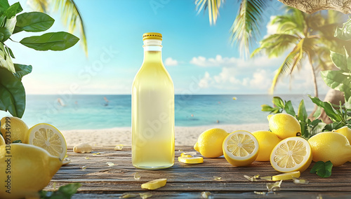 A blank bottle mockup of summer lemonade placed on a rustic wooden table with a beach view.