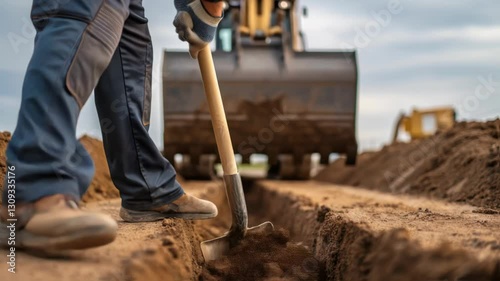 Construction worker digging a ditch on a construction site, using a shovel with an excavator in the background, throwing dirt out of the trench