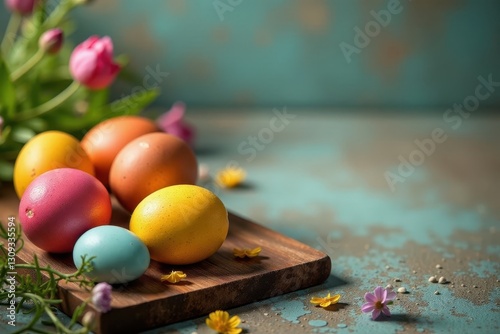 Rustic Easter breakfast buffet with colorful eggs, high quality, delicious photo