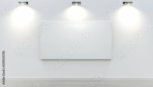 A blank rectangular canvas mockup displayed on a clean white gallery wall with soft spotlighting.