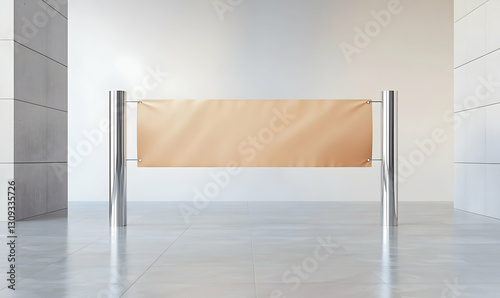 A banner mockup stretched between two silver poles, shown in a minimalist exhibition hall.