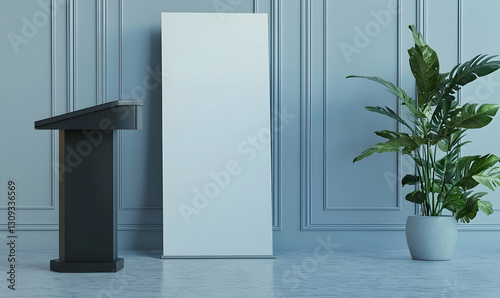 A blank vertical banner mockup standing beside a sleek podium in a professional seminar room.