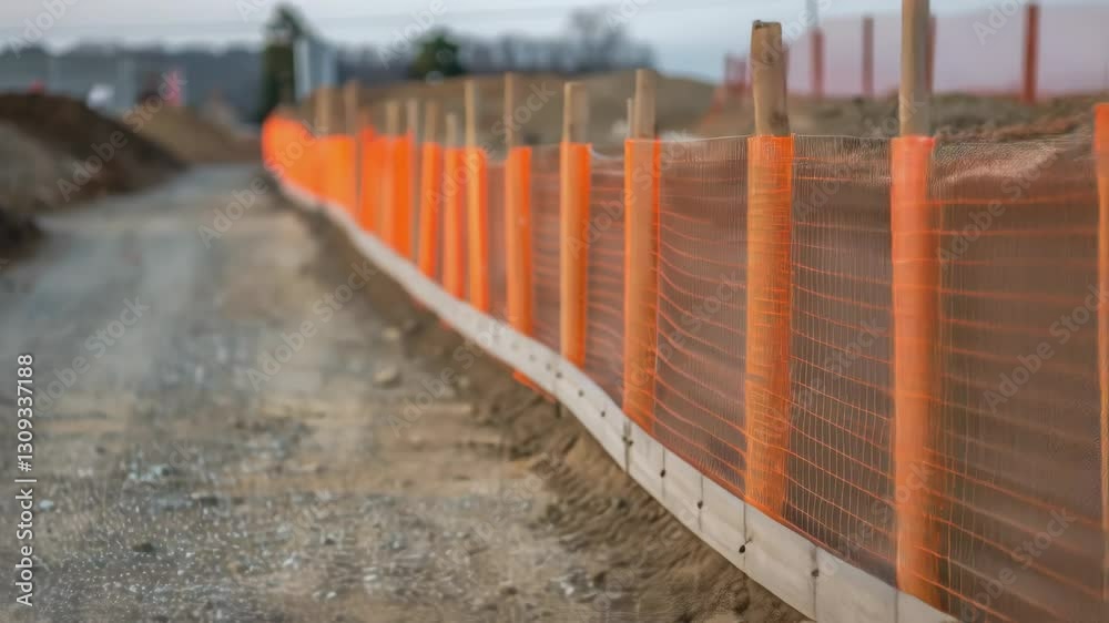 Construction site safety net waving in the wind, protecting a dirt road and preventing falls and accidents, ensuring worker and public safety