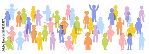 Multicolored silhouettes diverse people group on isolated background. Social communication simple illustration