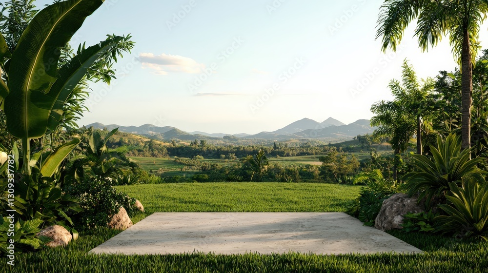 Obraz premium Lush tropical landscape with a concrete platform.