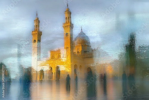 Ethereal View of Historic Mosque with Blurred Cityscape at Sunrise