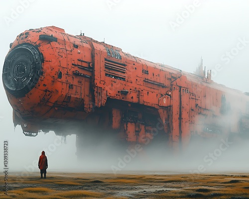 Person in red robe gazing at large, rusty spaceship in foggy landscape.