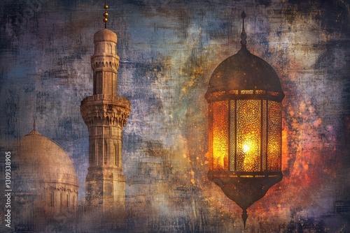 Glowing Lantern and Tower with Traditional Islamic Architecture