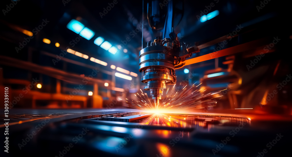 Naklejka premium Automated industrial machine precisely cuts metal, creating vibrant orange sparks in a factory. Blue machinery and bright lights illuminate the manufacturing process.