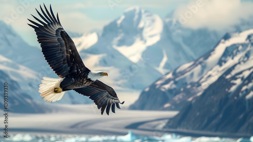 A breathtaking view of a bald eagle soaring high over the snowy Alaska mountains and floating icebergs, symbolizing power and grace.