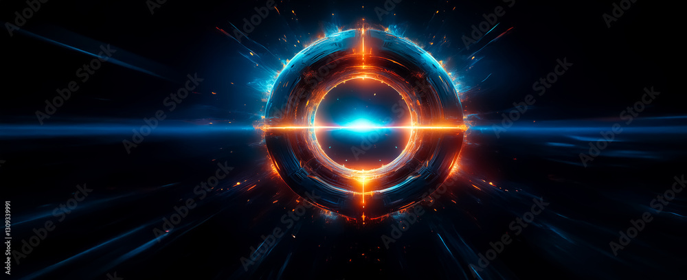 Obraz premium Abstract glowing orb with vibrant blue and orange light surrounded by radiating beams on a dark backdrop. Futuristic, energy concept.