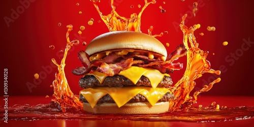 Juicy double cheeseburger with melting cheddar and crispy bacon splashes mid-air on a neon red background