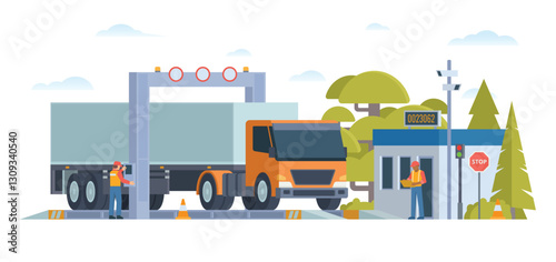 Weigh Station with Truck and Officer Inspection. Flat Vector Illustration. Weighing control platform