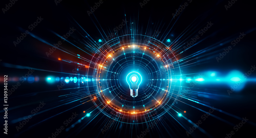 A glowing light bulb is at the center, surrounded by radiating blue and orange lines and circles on a dark backdrop. Idea generation concept. A glowing light bulb is at the center, surrounded by radiating blue and orange lines and circles on a dark backdrop. Idea generation concept.