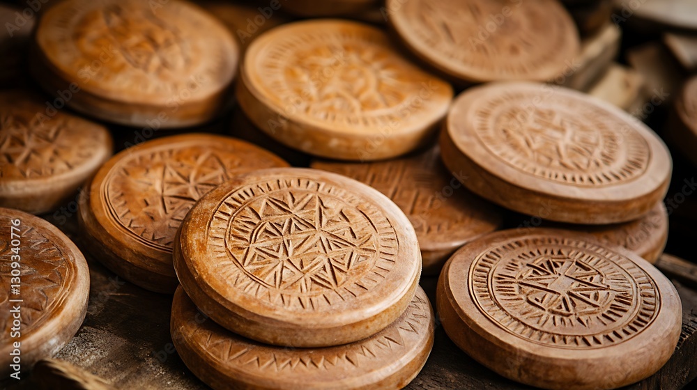 Carved wooden coasters market stall display Carved wooden coasters market stall display