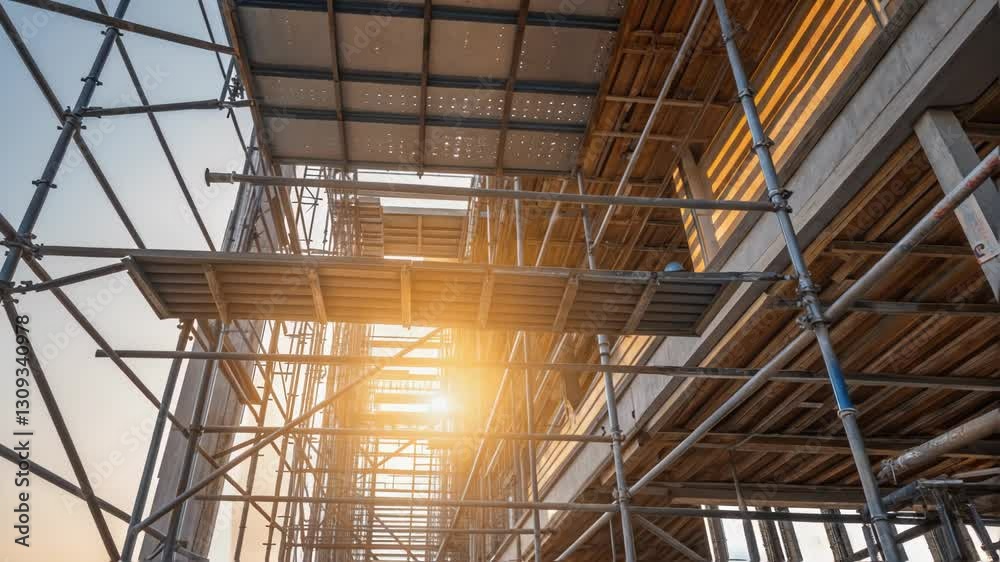 Warm sunlight illuminates scaffolding surrounding a building under construction, providing six different perspectives on the ongoing project Warm sunlight illuminates scaffolding surrounding a building under construction, providing six different perspectives on the ongoing project