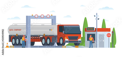 Weigh Station with Truck and Officer Inspection. Flat Vector Illustration. Weighing control platform