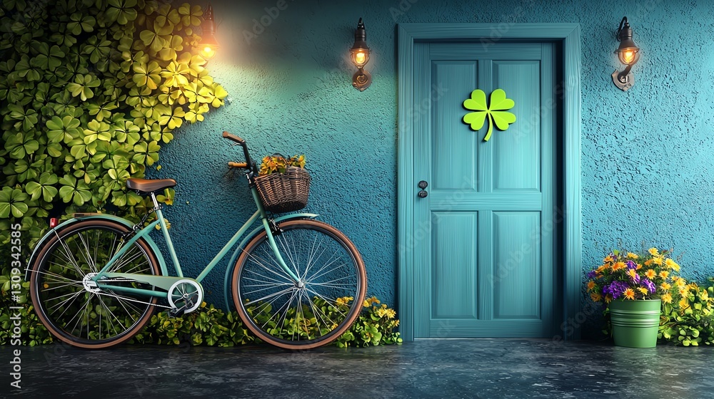 Obraz premium Charming entrance with a bicycle, green foliage, and vibrant flowers, inviting warmth and a touch of nature.