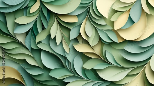 Elegant paper-cut ivy leaves swirl in shades of green and cream. Intricate botanical design. Artistic pattern. AI generated
