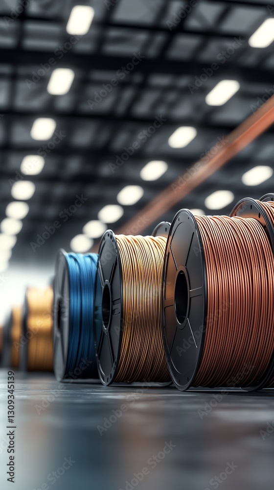 Obraz premium Colorful spools of wire arranged in a modern industrial workspace, symbolizing craftsmanship and manufacturing.