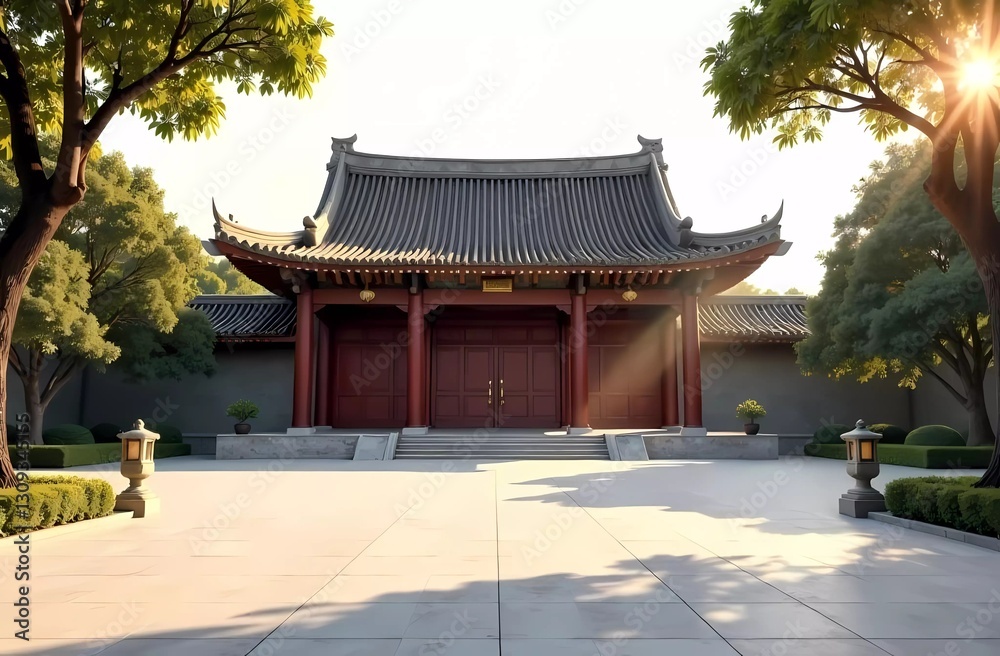 Buddhist Temple. Vesak in the morning with soft natural light of the empty courtyard Buddhist Temple. Vesak in the morning with soft natural light of the empty courtyard