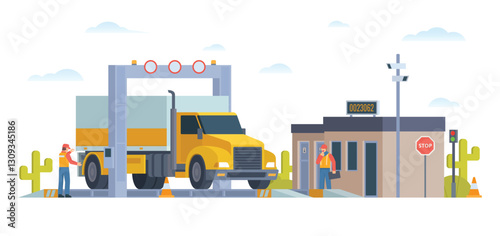 Weigh Station with Truck and Officer Inspection. Flat Vector Illustration. Weighing control platform