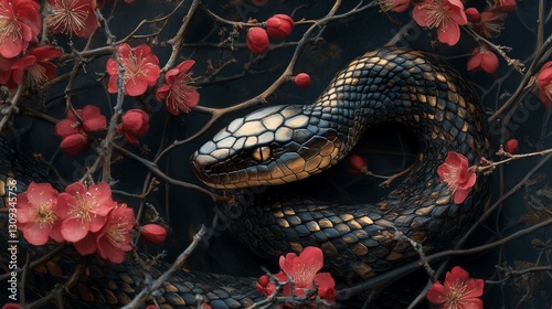 Black Snake Among Red Blossoms