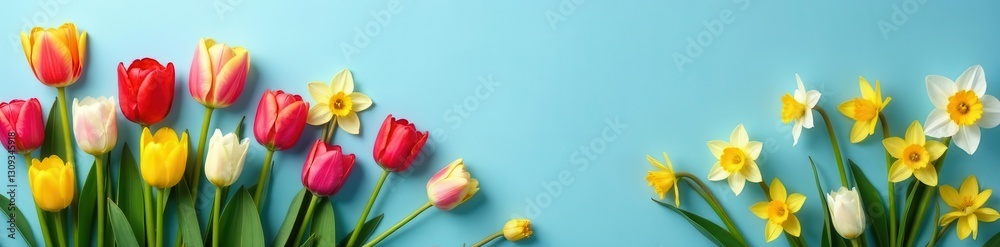 Vibrant tulips & daffodils bloom on serene blue backdrop, background, vibrant, colorful Vibrant tulips & daffodils bloom on serene blue backdrop, background, vibrant, colorful