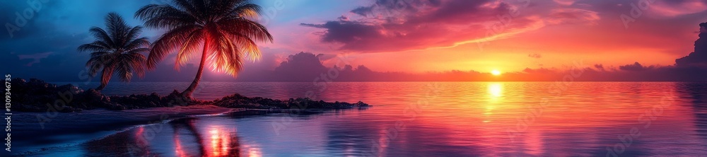 Fototapeta premium Stunning tropical beach sunset with neon lighting and palm trees reflecting off the calm water. Generative AI