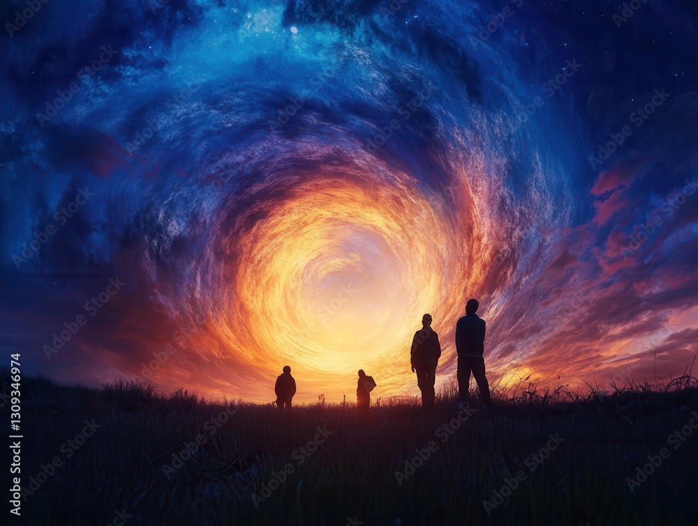 Fototapeta premium Exploring the breathtaking swirl of colors at twilight, a group of figures gazes into the cosmic wonder above them. Generative AI